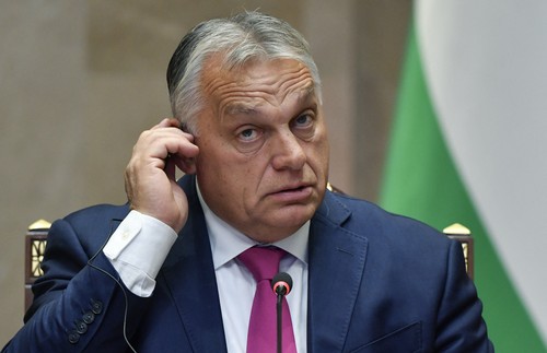 Hungarian Prime Minister Viktor Orban adjusts his headset during a press conference following a meeting with Kyrgyz President at the Yntymak Ordo state residence in Bishkek on November 5, 2024.,Image: 930718919, License: Rights-managed, Restrictions: , Model Release: no, Credit line: VYACHESLAV OSELEDKO / AFP / Profimedia