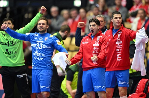 Players on the Croatian bench celebrate during the men's EHF Euro 2026 third place handball match Iceland vs Croatia in Herning, Denmark, on February 1, 2026.,Image: 1071195486, License: Rights-managed, Restrictions: , Model Release: no, Credit line: Jonathan Nackstrand / AFP / Profimedia